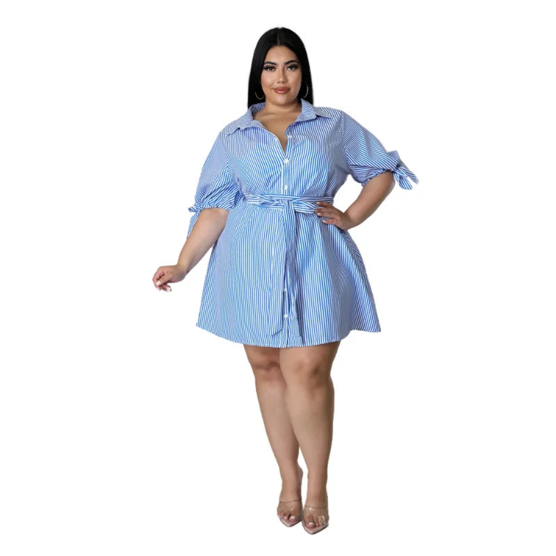 WSFEC XL-5XL Plus Size Dresses for Women 2023 Spring Summer New Fashion Stripe Bandage Loose Casual Midi Shirt Dress Outfits