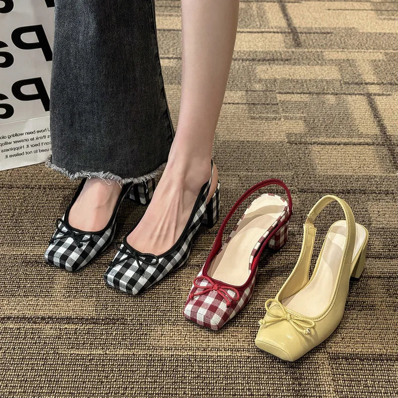 2023 Spring Bow Tie Square Head Thick Heel Fashion Single Shoes Mary Jane High Heel Women's Bag Head Back Empty Sandals