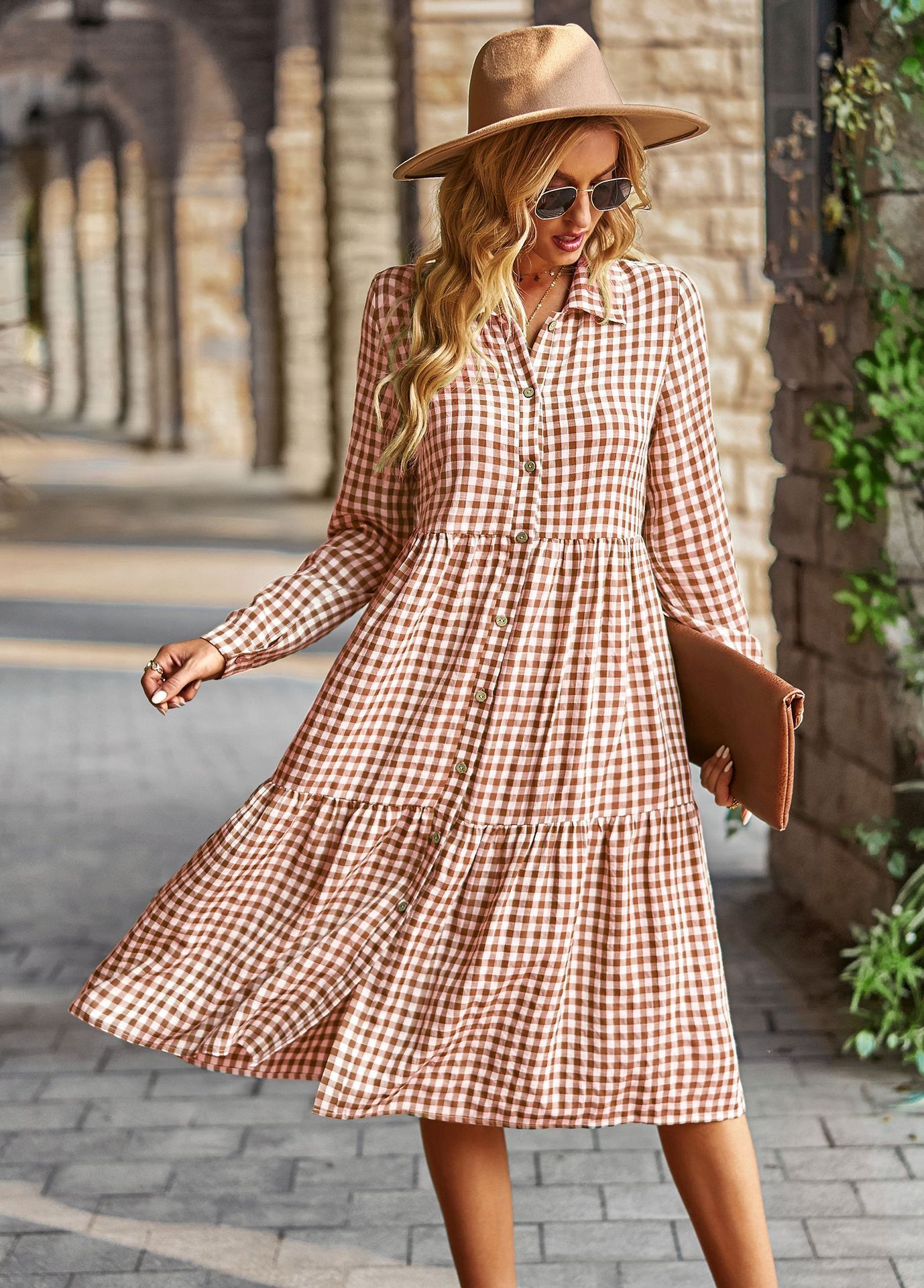 Wide Hem Long Sleeve Dress Plaid Casual Dress