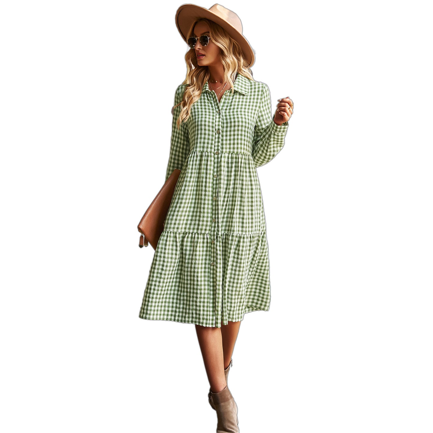 Wide Hem Long Sleeve Dress Plaid Casual Dress